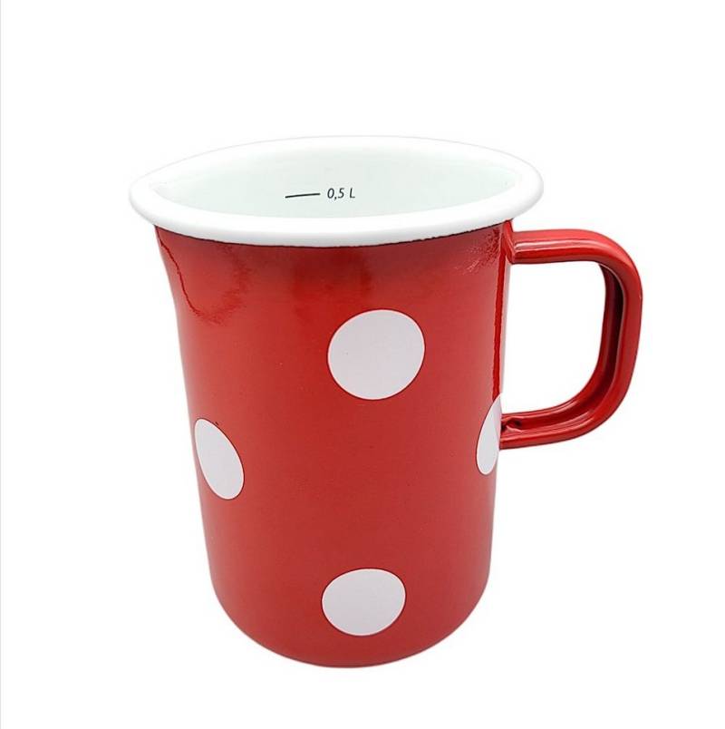 Linoows Suppentopf Emaille Messbecher mit Skala, Maßbecher 0,5 Liter, Emaille (1x), Küchen Messbecher Rot- weiße Tupfen von Linoows