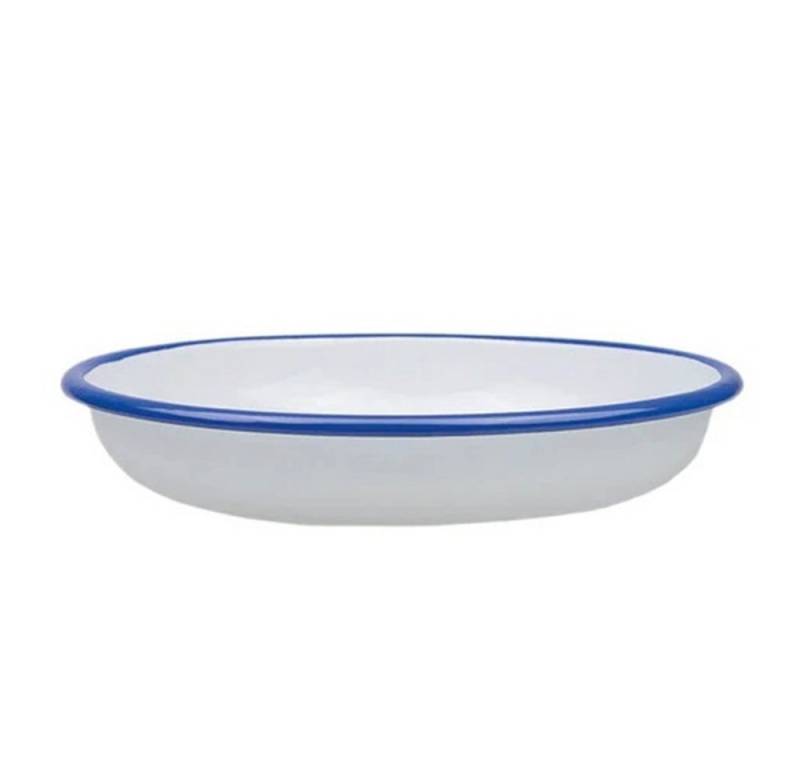 Linoows Teller Emaille Suppenteller, tiefer Teller, Servierschale, Großer Pasta Teller Weiß- blauer Rand 24 cm von Linoows