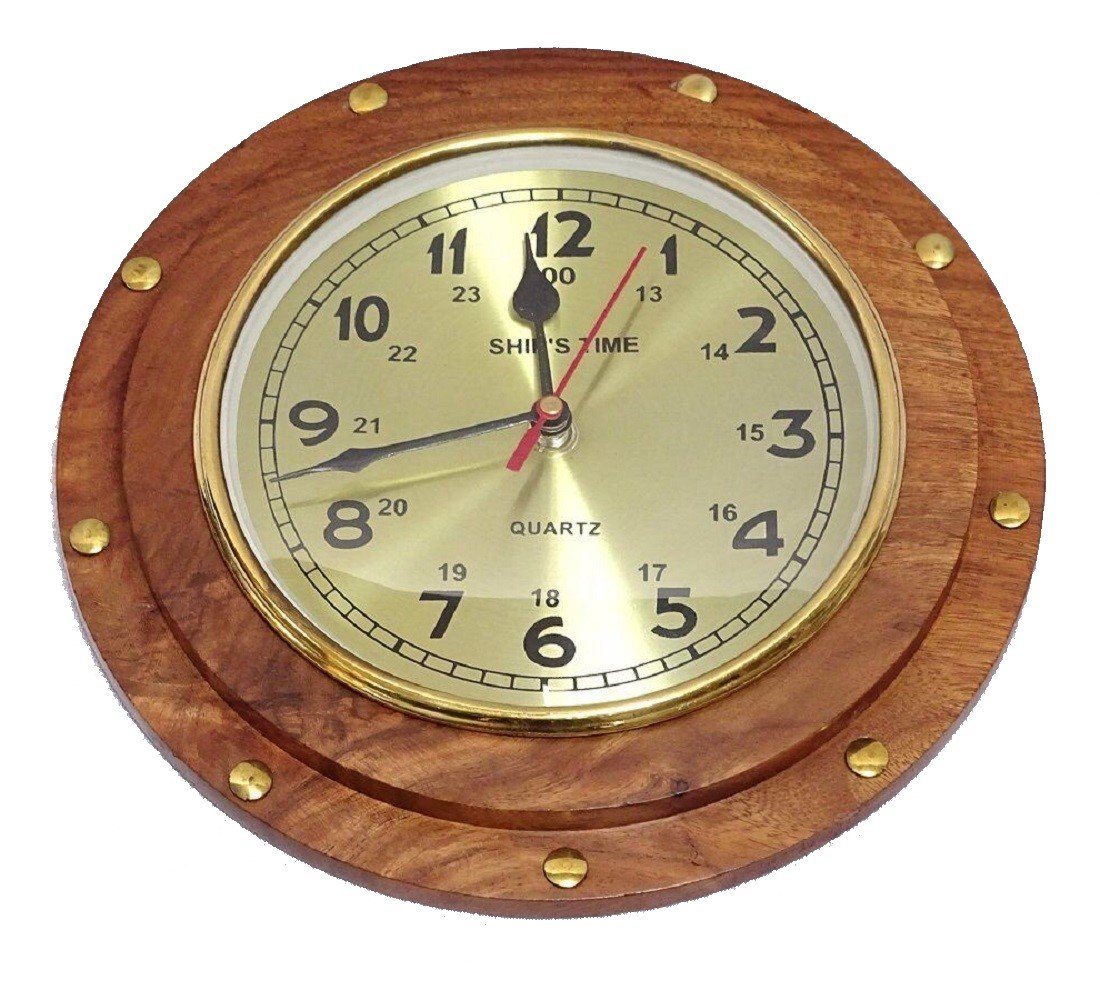Linoows Uhr Wanduhr im Holz Bullauge, Schiffs Uhr, Kapitänsuhr 23 cm von Linoows