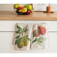 2Er Set Leinen Küchenhandtücher Mit Apfel Und Birne Druck, Geschirrtuch Set, Bedrucktes Geschirrtuch, Rustikale Küchen Deko, Gärtner Geschenk von Linoroom