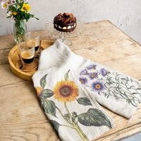 1 Set Leinen Geschirrtücher Mit Sonnenblumen Und Aster Prints, Florale Geschirrtücher, Landhaus Geschirrtuch Bedruckt von Linoroom
