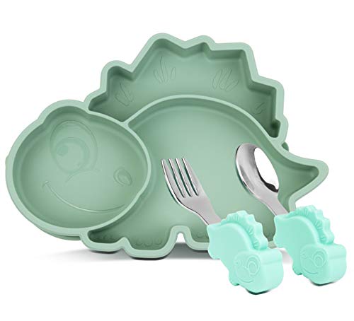 Baby Teller Schüssel Mini Silikon Platte mit Gabellöffelset für Baby Kleinkinder Kinder Teller Baby Rutschfest Babyteller Saugen Abwaschbar für Spülmaschine, Mikrowelle (Dino Green) von Linowos