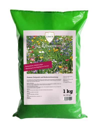 Linsor Blumenwiese 1 kg für 100m², Saatgut für eine bunte, einheimische Wildblumenwiese, Lockt Bienen, Schmetterlinge & Insekten an, Mehrjährig, winterhart & pflegeleicht von Linsor