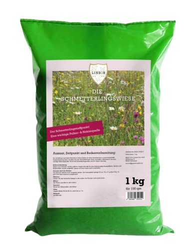 Linsor Schmetterlingswiese, Saatgut mit einheimischen bunten Wildblumen, Gräsern und Kräutern, lockt Schmetterlinge, Bienen und Insekten an, 1kg für 100m² von Linsor