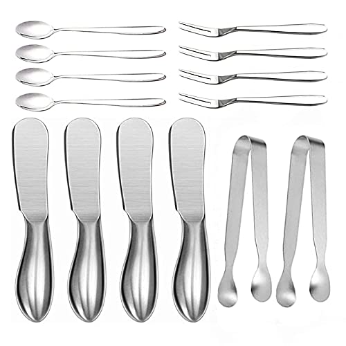 Linwnil 14-teiliges Käse-Butter-Streumesser-Set aus Edelstahl, Käse-Butterstreuer, Messer, Käsehobel und Griffe, Mini-Servierzange, Löffel und Gabeln für Butter von Linwnil