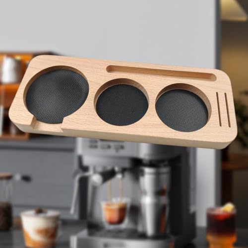 Espressomatte aus Holz für Kaffeemaschinen, passend für 51 bis 58 mm Siebträger mit speziellen Schlitzen für Tamper Distributor Siebträger und Bürste mit rutschfesten Pads (51 mm) von Lioaeust