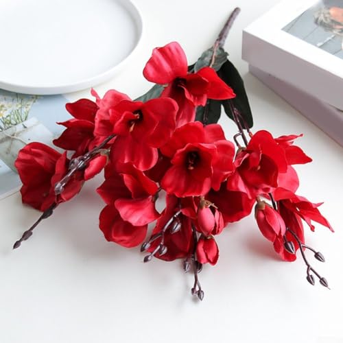 Künstlicher Blumenstrauß, Magnolie, atemberaubender Magnolien-Blumenstrauß, 5 Zinken, 20 Köpfe, lebensechte dekorative künstliche Blumen (rot) von Lioaeust