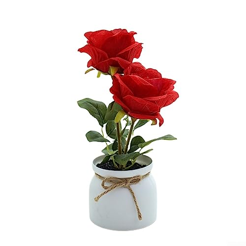 Lioaeust Künstliche Rosen, Blumentopf, künstliche Rosen, kleiner Baum im Topf, künstliche Pflanzen, Heimtisch, Garten, Dekoration, kein Verblassen, 27 x 10 x 9 cm (rot) von Lioaeust