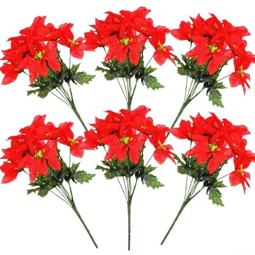 Lioaeust Künstliche Weihnachtsblumen, 6 Stück, 7 Köpfe, künstliche Weihnachtssterne, Blumensträuße für Urlaubsdekoration (rot) von Lioaeust