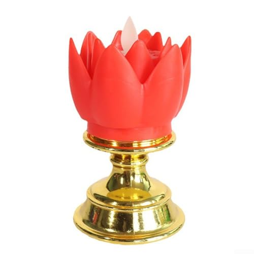 Lotus-Lampe mit goldenem Sockel mit LED-Kerzensimulationslicht für friedliche Heimdekoration und spirituelle Symbolik mit verlängerter Leuchtdauer (rot) von Lioaeust