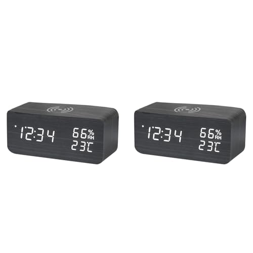 Lioggyet 2X Digitaler Uhr, Temperatur- und Luft Feuchtigkeit Uhr, LED Elektronik Uhr, Smartphone, Kabelloses LadegeräT (Schwarz) von Lioggyet