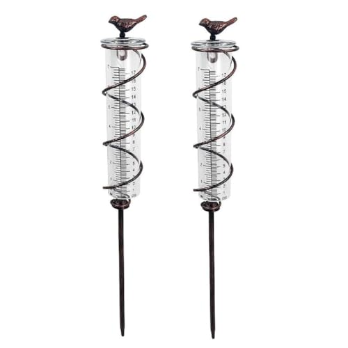 Lioggyet Regenmesser in Spirale aus Glas mit Kapazität von 7 l, Regenmesser mit Vogelanhänger aus Gusseisen, Regenwasserzähler für den Garten mit Metall von Lioggyet