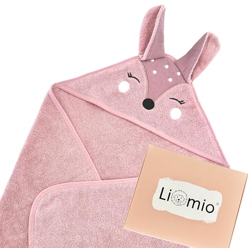 Liomio Kapuzenhandtuch Baby [Fuchs 100x100cm - Rosa] - Baby Handtuch mit Kapuze 100% Baumwolle [Oeko-TEX® 100] weich, kuschelig Baby Badetuch Babygeschenk [Made in EU] klein Kinderhandtuch von Liomio