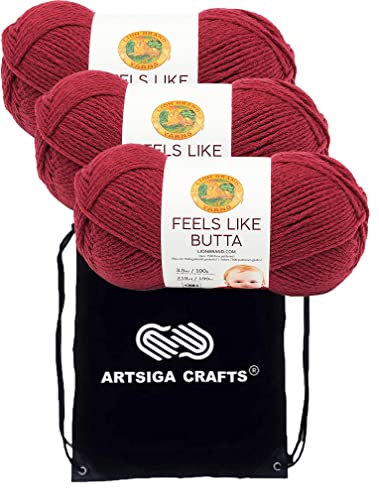 Lion Brand Feels Like Butta Cranberry 215-138 Kammgarn zum Häkeln und Stricken, mit Projekttasche, 3 Knäuel – gleiche Farbstoffmenge, Medium #4 von Lion Brand Yarn