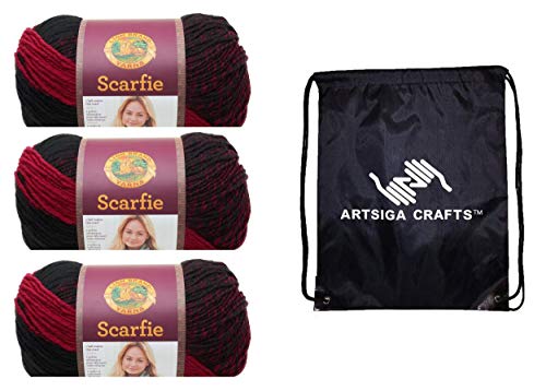 Lion Brand Scarfie Cranberry/Black 826-205 (3 Knäuel – gleiche Farbstofflose) Chunky Bulky #5 Acryl, Wollgarn zum Häkeln und Stricken, Bündel mit 1 Artsiga Craft-Projekttasche von Lion Brand Yarn