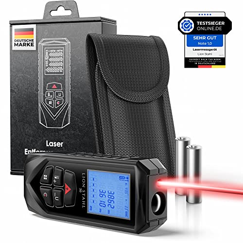 Lion Stahl Germany Laser-Entfernungsmesser von 5cm-50m Innenbereich, Laser-Champion, inkl. Batterien, Automatische Berechnung von Fläche, Volumen, Dreiecke, Pythagoras, Schwarz von Lion Stahl