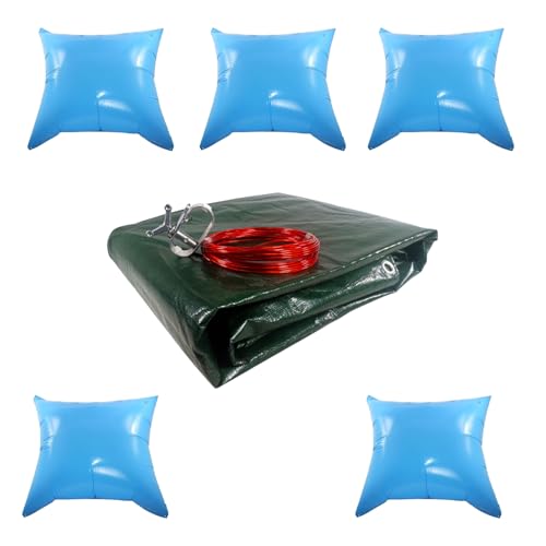 LionFlex Pool Abdeckplane Poolkissen Set | Abdeckplane Grün/Schwarz Rundpool 3,6 m + 5 x Poolkissen 120 x 120 cm | Unterstzützung zu Einer optimalen Poolabdeckung im Herbst/Winter von LionFlex