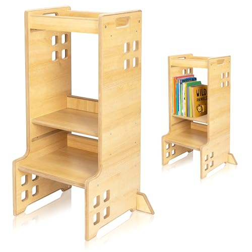 LIONELO CASS Kitchen Helper Küchenhelfer 2in1 Montessori Lernturm Ab 1 Jahr Höhenverstellbarer Sicherheitsbügel Stabiler Küchenhocker Bücherregal Bis zu 30 kg von Lionelo