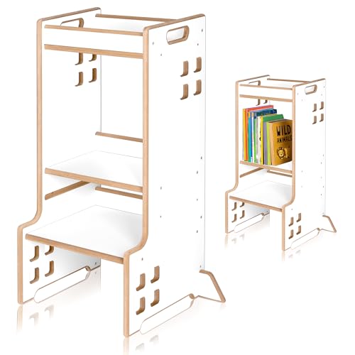 LIONELO CASS Kitchen Helper Küchenhelfer 2in1 Montessori Lernturm Ab 1 Jahr Höhenverstellbarer Sicherheitsbügel Stabiler Küchenhocker Bücherregal Bis zu 30 kg von Lionelo