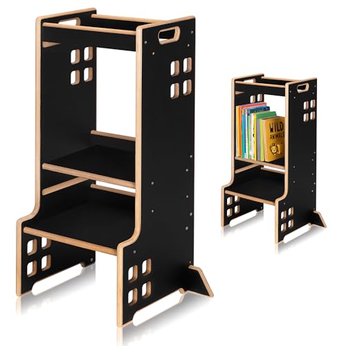 LIONELO CASS Kitchen Helper Küchenhelfer 2in1 Montessori Lernturm Ab 1 Jahr Höhenverstellbarer Sicherheitsbügel Stabiler Küchenhocker Bücherregal Bis zu 30 kg von Lionelo