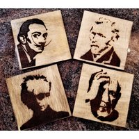 4 Holz Untersetzer, Gravierter Picasso Andy Warhol, Van Gogh Dali, Laser Geätzter Bieruntersetzer von LionsgateDesigns