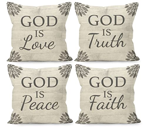 Liosei Farmhouse Christliche Zitate God is Love Truth Peace Faith Rustikales Holzbrett Leinen Überwurf Kissenbezüge 45.7x45.7 cm, 4 Stück, christliche Geschenke für Zuhause, Sofa, Dekorationen von Liosei