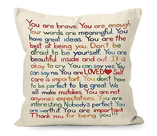 YUESHARE Leinen-Kissenbezug mit inspirierenden Zitaten "You Are Brave Enough Loved", motivierende Geschenke für Zuhause, Zimmer, Bett, Sofa, Dekoration, 45,7 x 45,7 cm von Liosei