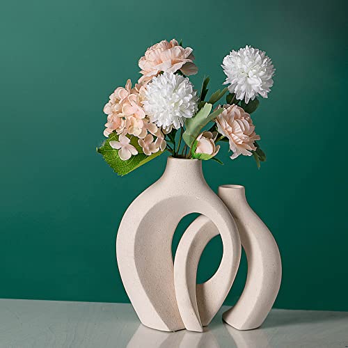 Liotww Keramikvasen für Heimdekoration, 2er-Set, cremefarbene Boho-kleine Blumenvase, minimalistische dekorative moderne Donut-Vase für Bauernhaus, Wohnzimmer, Bücherregal, Couchtisch-Dekoration von Liotww