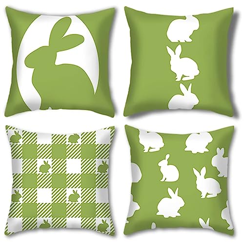 Kissenbezüge 4er Set Leinen Kissenbezug Grünes Kaninchen Ostern quadratische Kissenhülle Dekokissen Kissenbezug Sofakissen mit Verstecktem Reißverschluss für Schlafzimmer,Bett (Doppelseitig) 40x40cm von Liowen