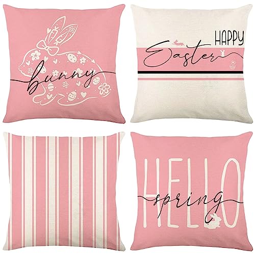 Kissenbezüge 4er Set Leinen Kissenbezug Ostern Rosa Brief quadratische Kissenhülle Dekokissen Kissenbezug Sofakissen mit Verstecktem Reißverschluss für Schlafzimmer,Sofa,Bett (Doppelseitig) 50x50cm von Liowen