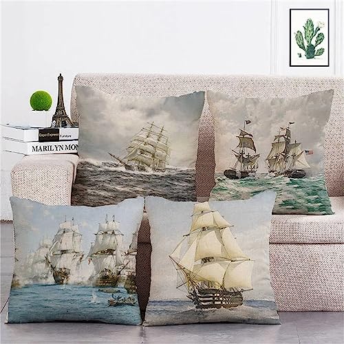 Kissenbezüge 4er Set Leinen Kissenbezug Vintage Schiff quadratische Kissenhülle Dekokissen Kissenbezug Sofakissen mit Verstecktem Reißverschluss für Schlafzimmer,Sofa,Stuhl,Bett (Doppelseitig) 40x40cm von Liowen