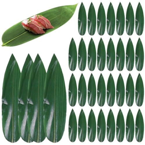 Lipfer 100 Pcs Sushi Bambusblätter Dekorationen Japanische Teller Bambusblattplatten Künstliche Grasmatten Sashimi Bambusblatt Für Meeresfrüchte Sushi Decor Supplies von Lipfer