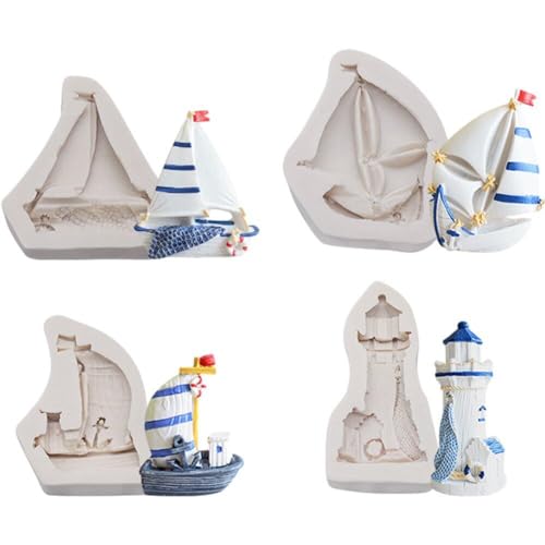 Ozean Segelschiff Fondantform, 4 Stcs Segelboot Leuchtturm Kuchen Silikonform Für Diy -süßigkeiten, Schokolade, Zuckerhandwerk, Kekse, Ton, Harz von Lipfer