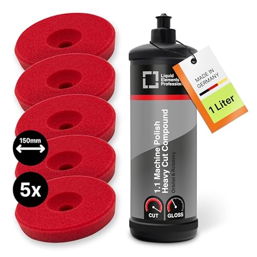 Liquid Elements - Auto Politur Set Heavy Cut Compound 1L - Autopolitur Set mit 5x 150mm Polierschwamm Centriforce V2 – Lackaufbereitung Komplettset ideal für alle Poliermaschinen von Liquid Elements