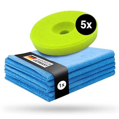 Liquid Elements – Centriforce V2 Polierpads 125mm + 5 Mikrofasertücher – Polierschwamm mit spezieller Fräsung für optimierte Ergebnisse – Auto Polieraufsatz (Grün | Soft Cut | 5 Stück) von Liquid Elements