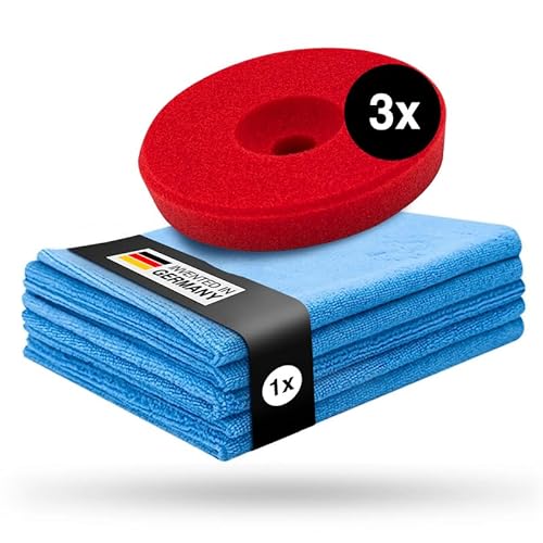 Liquid Elements – Centriforce V2 Polierpads 125mm + 5 Mikrofasertücher – Polierschwamm mit spezieller Fräsung für optimierte Ergebnisse – Auto Polieraufsatz (Rot | Heavy Cut | 3 Stück) von Liquid Elements