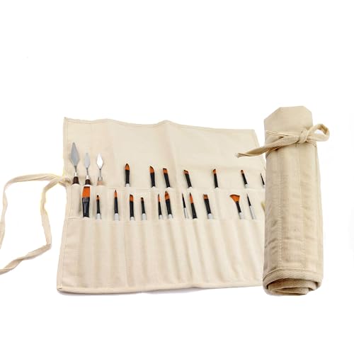 Liquidraw Pinselhalter aus Segeltuch mit 30 Fächern, naturfarben, aufrollbare Pinsel-Aufbewahrungstasche, ideale Tasche für Pinsel und Kunstwerkzeug, einfach zu tragen, 53 x 45 cm, ideal für die von Liquidraw