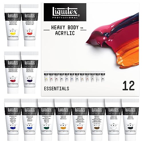 Liquitex 3699357 Professional Heavy Body Acrylfarbe in Künstlerqualität mit ausgezeichneter Lichtechtheit in buttriger Konsistenz, Farbenset - 12 Farben a 22ml Tuben Essentiels von Liquitex