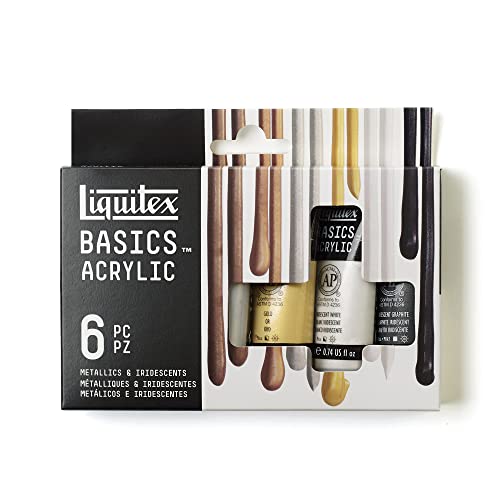 Liquitex 3699399 Basics - Acrylfarbe, monopigmentierte Künstlerpigmente, lichtecht, mittlere Viskosität, Archivqualität, seidenglänzender Finish - 6 Farben Set Metal und Irisierend, 22 ml (6er Pack) von Liquitex