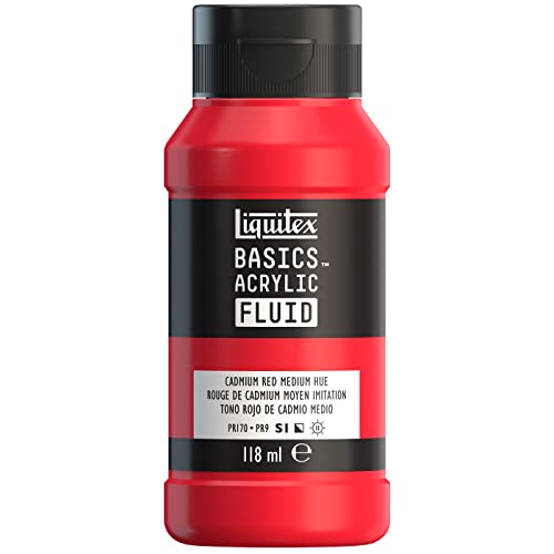 Liquitex 8870386 Basics Fluid Acrylfarbe mit fließender Konsiszenz, schnell trocknend, lichtecht, wasserfest, auf Wasserbasis, 118ml Flasche - Kadmiumrot Mittel Farbton von Liquitex