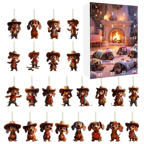 Dackel-Adventskalender – 24 Tage Weihnachts-Countdown, Hunde-Weihnachtsschmuck-Set, 24 Tage lustige Hunde-Sammelfiguren | Adventskalender für Baum, Fenster, Auto-Rückspiegel, Wanddekoration, Feierlich von Liqzirtu