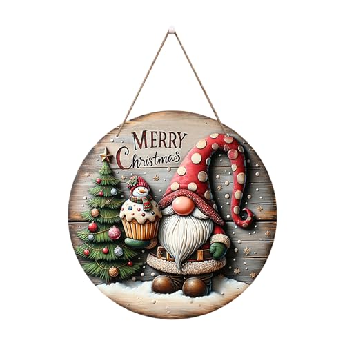 Liqzirtu Wichtel-Weihnachtsschild für die, Frohe Weihnachten-Haustürschild - Baum Frohe Weihnachten Willkommen Türschild - Rundes Türschild aus Holz mit Zwergen- und Baummuster für Fenster von Liqzirtu