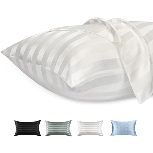 Lirex 2er Set Satin Kissenbezug 40x60cm mit Reißverschluss, Weich wie Seiden Kissenbezüge, Satin Kopfkissenbezug Kissenhülle für Haar und Haut Kommt, Weißen Streifen von Lirex
