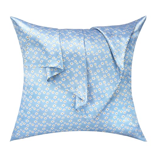 Lirex 2er Set Satin Kissenbezug 50x50cm mit Reißverschluss, Weich wie Seiden Kissenbezüge, Satin Kopfkissenbezug Kissenhülle für Haar und Haut Kommt, Blaue Gänseblümchen von Lirex