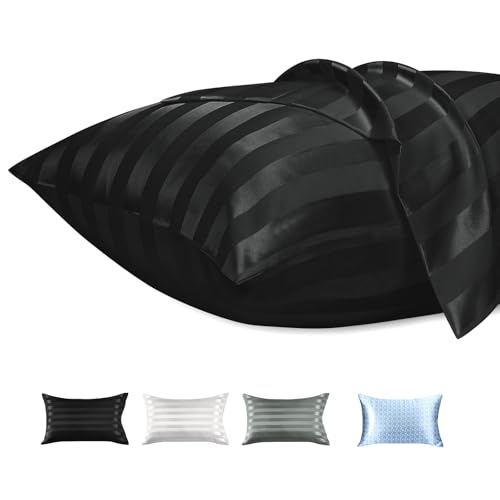 Lirex 2er Set Satin Kissenbezug 50x90cm mit Reißverschluss, Weich wie Seiden Kissenbezüge, Satin Kopfkissenbezug Kissenhülle für Haar und Haut Kommt, Schwarz Streifen von Lirex