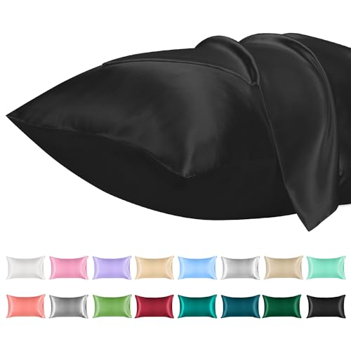 Lirex Satin Kissenbezug, 2er Pack Weiche Volltonfarbe Mikrofaser Satin Kissenbezug, Umschlag Verschluss Knitterfrei Verblassen Beständig Atmungsaktiv (40 x 60 cm, Schwarz) von Lirex