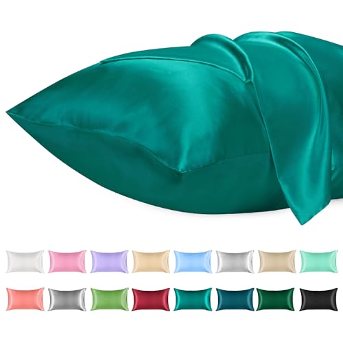 Lirex Satin Kissenbezug, 2er Pack Weiche Volltonfarbe Mikrofaser Satin Kissenbezug, Umschlag Verschluss Knitterfrei Verblassen Beständig Atmungsaktiv (Aquamarin, 50 x 90 cm) von Lirex