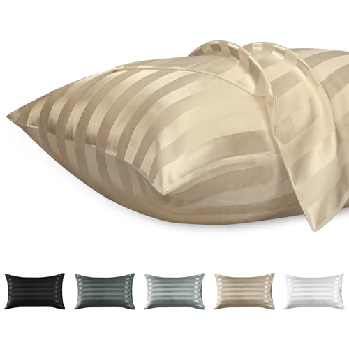 Lirex Satin Kissenbezug, 2er Pack Weiche Volltonfarbe Mikrofaser Satin Kissenbezug, Umschlag Verschluss Knitterfrei Verblassen Beständig Atmungsaktiv (Khaki Streifen, 40 x 60 cm) von Lirex