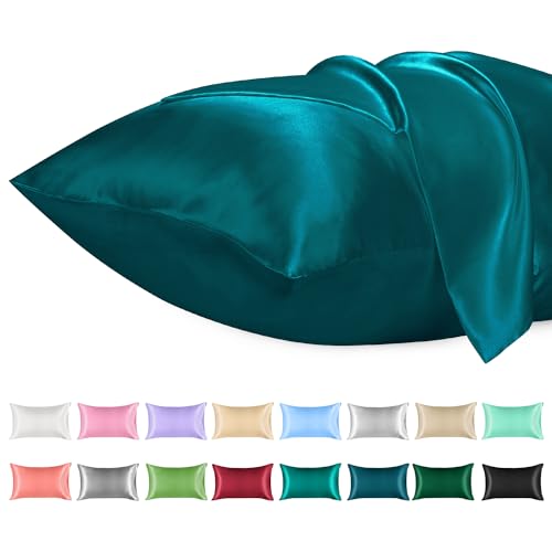 Lirex Satin Kissenbezug, 2er Pack Weiche Volltonfarbe Mikrofaser Seide Kissenbezug, Umschlag Verschluss Knitterfrei Verblassen Beständig Atmungsaktiv (Pfauenblau, 40 x 60 cm) von Lirex