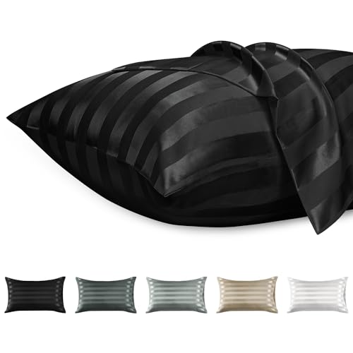 Lirex Satin Kissenbezug, 2er Pack Weiche Volltonfarbe Mikrofaser Satin Kissenbezug, Umschlag Verschluss Knitterfrei Verblassen Beständig Atmungsaktiv (Schwarz Streifen, 40 x 60 cm) von Lirex